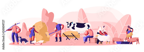 People Doing Farming Job as Feeding Domestic Animals, Milking Cow, Shearing Sheep, Prepare Hay for Livestock. Male and Female Farmer Characters Working with Cattle. Cartoon Flat Vector Illustration
