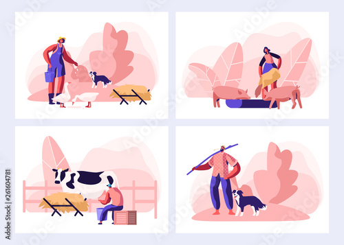 Set of Farmer Everyday Routine. People Doing Farming Job. Feeding Animals, Milking Cow, Shearing Sheep, Raking Hay. Male and Female Characters Working with Cattle. Cartoon Flat Vector Illustration