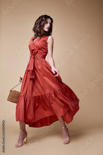 Pretty beautiful sexy elegance woman skin tan body fashion model glamor pose wear trend dress casual clothes party summer collection makeup hair style brunette success accessory jewelry studio.