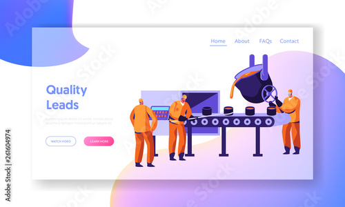 Metallurgy Industry Workers Smelting Metal in Big Foundry and Pouring Molten Steel or Iron Ore in Form During Smelting Process, Website Landing Page, Web Page. Cartoon Flat Vector Illustration, Banner