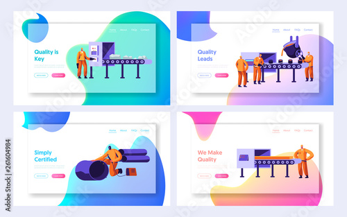 Metallurgy Industry Set. Raw Ore on Conveyor Belt, Hot Steel Pouring in Form, Pipe Production Factory Workshop Working Process. Website Landing Page, Web Page. Cartoon Flat Vector Illustration, Banner