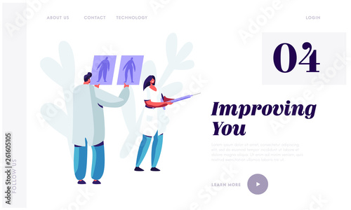 Plastic Surgery Doctor in White Robe Learning Pictures of Male and Female Patient Body Preparing for Beauty Cosmetics Procedure Website Landing Page, Web Page. Cartoon Flat Vector Illustration, Banner