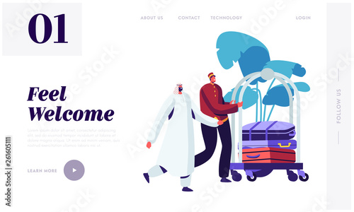 Hotel Bellboy Meet Arabic Guest in Hall Transporting Baggage by Cart