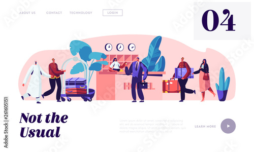 Hospitality Service. Clerks and Receptionist Meeting Guests in Hotel. Businessman Take Room Key. Stuff Meeting Lodgers in Lobby Website Landing Page, Web Page. Cartoon Flat Vector Illustration, Banner