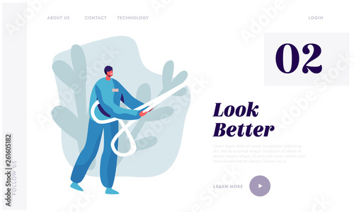Plastic Surgery Doctor Character in Uniform Holding Huge Scissors in Hands. Beauty and Healthcare Concept for Medical Clinic Website Landing Page, Web Page. Cartoon Flat Vector Illustration, Banner