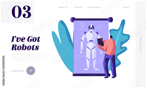 Engineer Create and Programming Robot. Human and Artificial Intelligence Futuristic Mechanism Technology. Huge Robot on Screen. Website Landing Page, Web Page. Cartoon Flat Vector Illustration, Banner