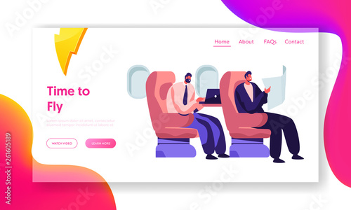 Respectable Businessmen Sitting in Comfortable Airplane Seats Reading and Working on Laptop. Airline Transportation Service Website Landing Page, Web Page. Cartoon Flat Vector Illustration, Banner