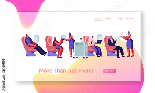 Airplane Crew and Passenger Characters in Plane. Stewardess Giving Meal to People Sitting on Chairs in Aircraft Economy Class. Website Landing Page, Web Page. Cartoon Flat Vector Illustration, Banner