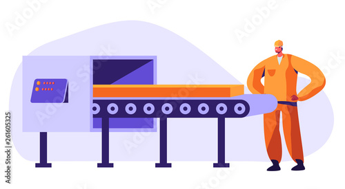 Metallurgy Worker Watching on Conveyor Belt Carrying Steel or Iron Workpiece Making Quality Control on Factory. Heavy Industry, Metal and Alloy Production Company. Cartoon Flat Vector Illustration