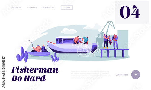 Fishermen Working on Large Boat Ship Catching Fish, Pulling Fishing Net from Sea, Giving Catch to Customer, Fishing Industry. Website Landing Page, Web Page. Cartoon Flat Vector Illustration, Banner