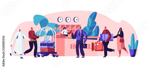 Young Businessman at Hotel Reception. Clerk Standing Behind Desk and Extending Hand with Key to Man. Lobby Interior with Stuff Meeting Arabic and European Guests. Cartoon Flat Vector Illustration