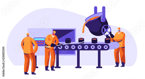 Metallurgy Industry Workers in Uniform Smelting Metal in Big Foundry and Pouring Hot Molten Steel or Iron Ore in Form During Smelting Process, Metal Production Company Cartoon Flat Vector Illustration