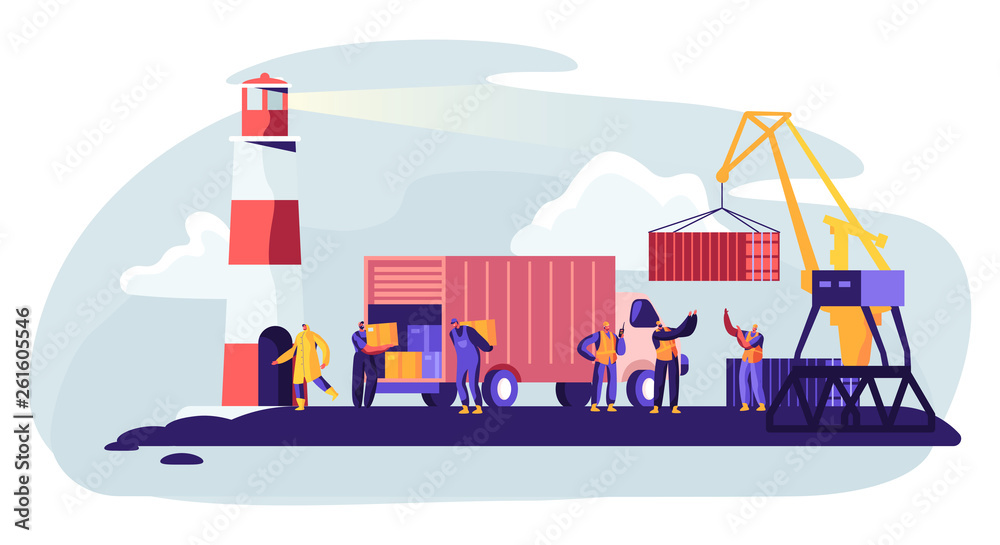 Shipping Port with Harbor Crane Loading Containers to Marine Freight Boat.  Seaport Workers Carry Boxes from Truck in Docks near Lighthouse. Global  Maritime Logistic. Cartoon Flat Vector Illustration Stock Vector | Adobe