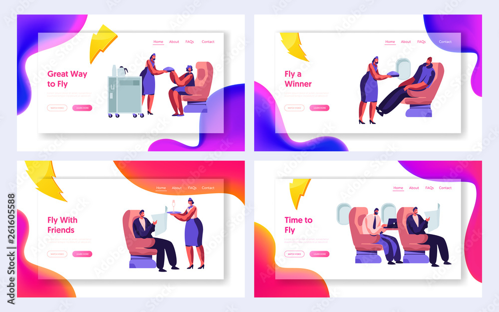 Set of Airline Service Website Landing Page Templates. Airplane Crew and Passenger Characters in Plane. Stewardess Serving People in Economy Class. Web Page. Cartoon Flat Vector Illustration, Banner