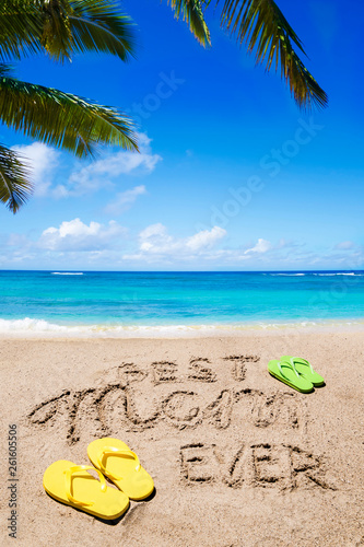 Happy Mothers day beach background with handwritten lettering Best Mom ever