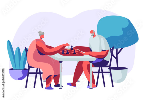 Relaxing Senior Man and Woman Playing Chess in Nursing Home. Couple of Cheerful Pensioners Spending Time at Intellectual Game, Retired People Leisure and Sparetime. Cartoon Flat Vector Illustration