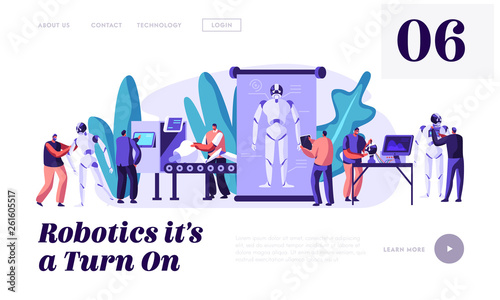 Stages of Robots Creation. Engineering Robotics Process in Science Laboratory with Hi-Tech Equipment. Artificial Intelligence Website Landing Page, Web Page. Cartoon Flat Vector Illustration, Banner