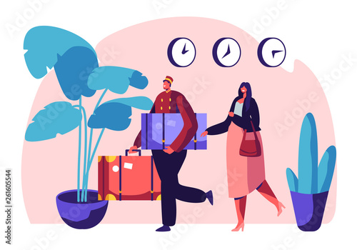 Clerk in Uniform Meeting Woman in Hotel Lobby Helping to Carry Baggage. Hospitality Service, Tourist at Reception Arrive and Booking Room. Visitor, Guest Accommodation Cartoon Flat Vector Illustration