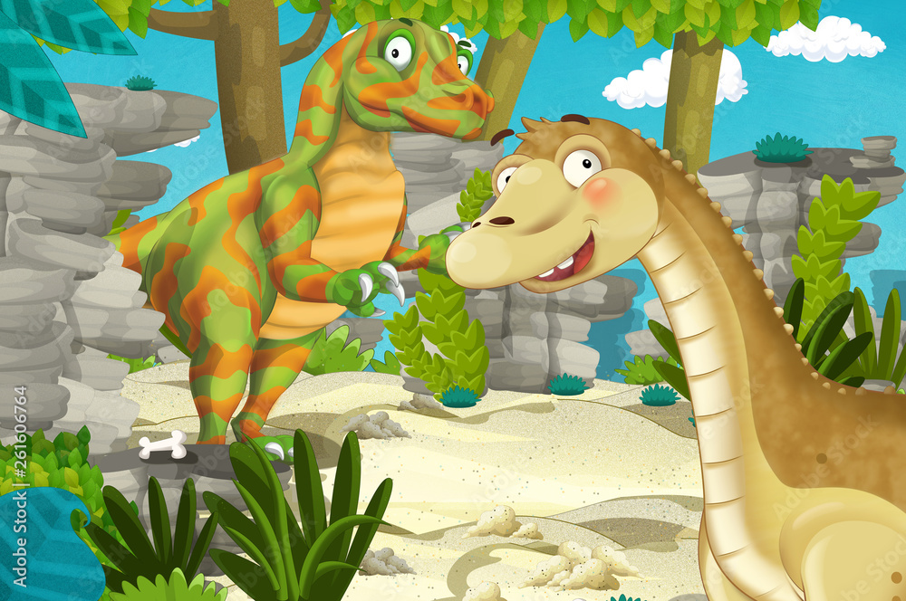 Naklejka cartoon scene with dinosaur apatosaurus diplodocus with some other dinosaur in the jungle - illustration for children