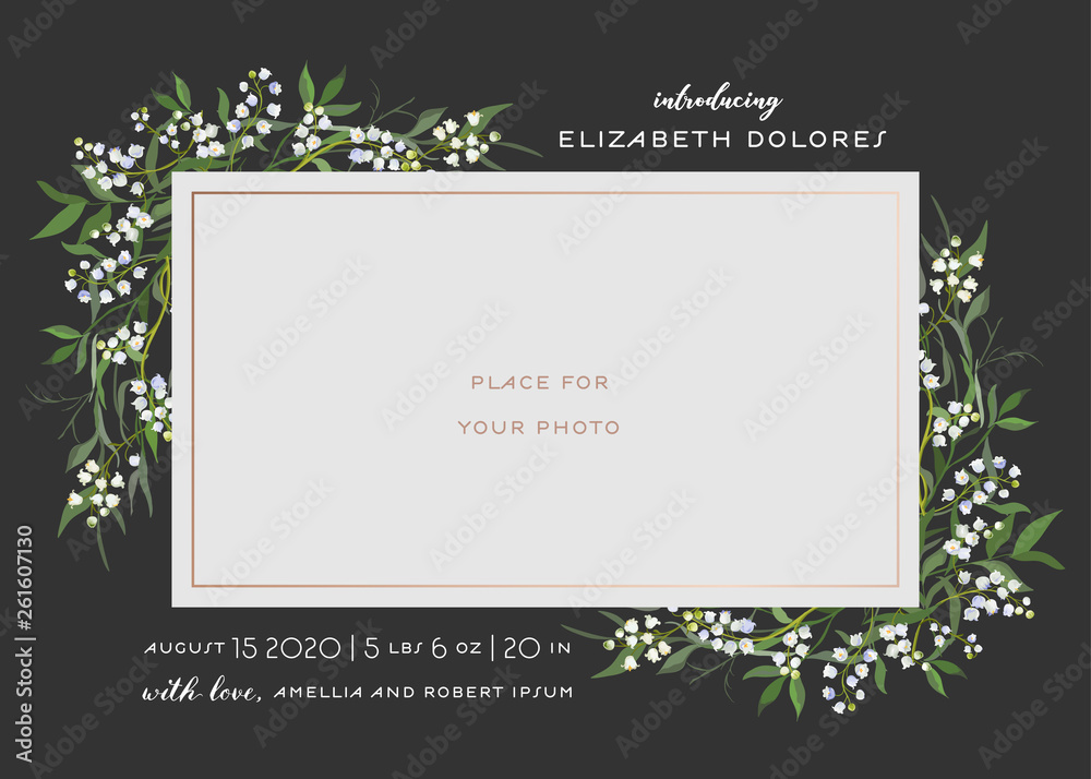 Baby Born Greeting Card with Floral Elements. Baby Shower Template Photo Frame with Lily Flowers. Newborn Child, Wedding Invitation Save the Date Card with Wreath, Leaves. Vector illustration Baby Born Greeting Card with Floral Elements. Baby Shower Template Photo Frame with Lily Flowers. Newborn Child, Wedding Invitation Save the Date Card with Wreath, Leaves. Vector illustration