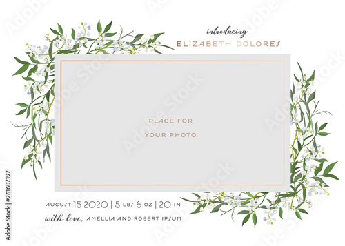 Baby Born Greeting Card with Floral Elements. Baby Shower Template Photo Frame with Lily Flowers. Newborn Child, Wedding Invitation Save the Date Card with Wreath, Leaves. Vector illustration