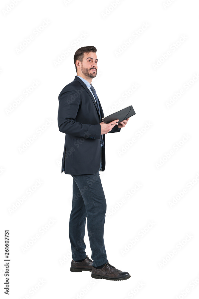 Smiling businessman with book, isolated Smiling businessman with book, isolated