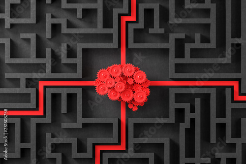 Gray maze with mechanic red brain