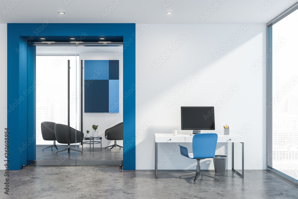 White and blue office waiting room with computer White and blue office waiting room with computer
