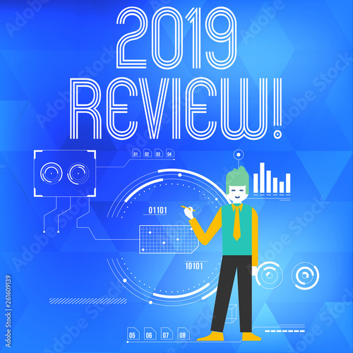 Text sign showing 2019 Review. Business photo showcasing remembering past year events main actions or good shows Man Standing Holding Pen Pointing to Chart Diagram with SEO Process Icons photo