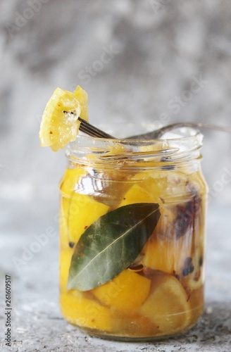 salted canned lemons. Preserved lemons with salt. Moroccan cuisine. ferment