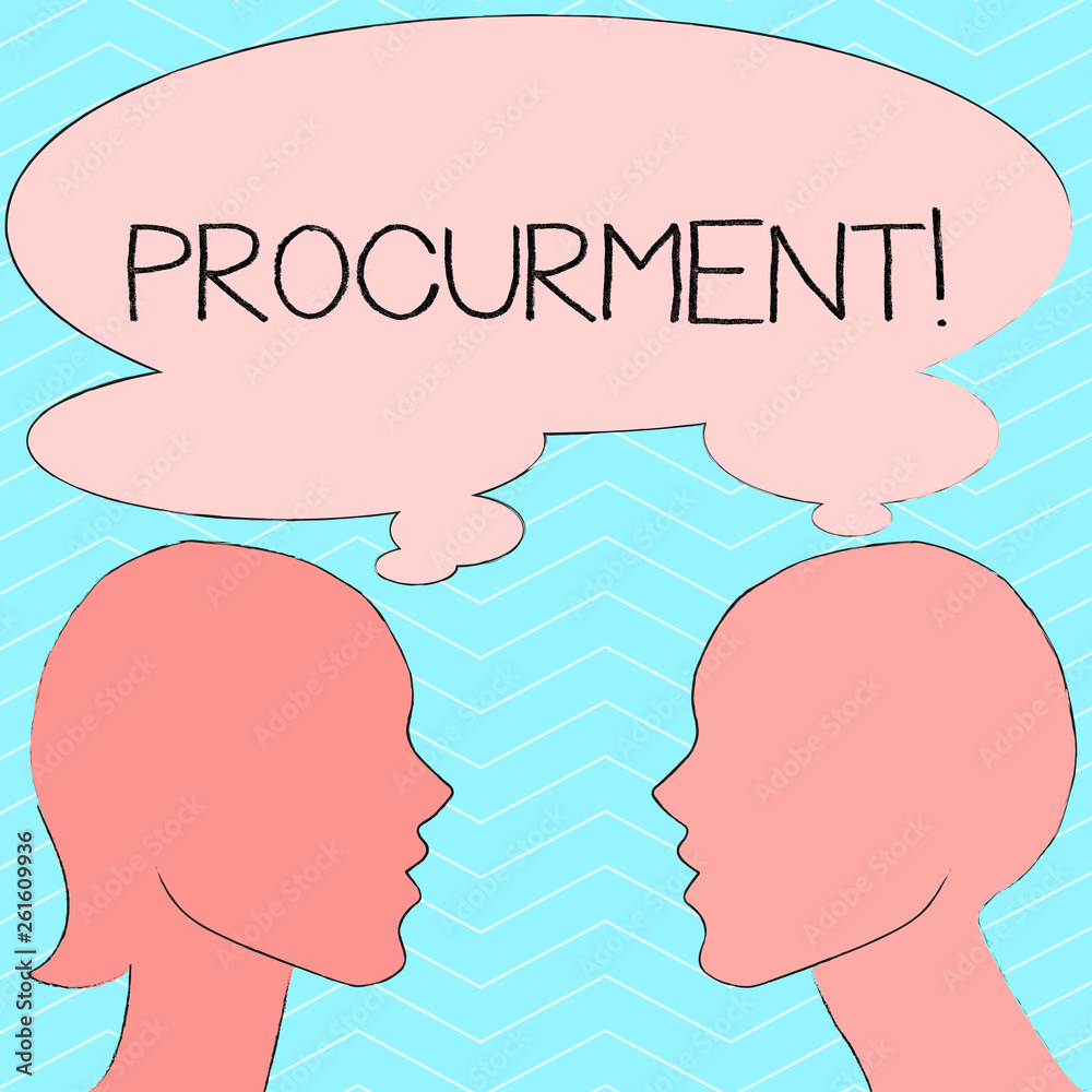 Writing note showing Procurment. Business concept for action of acquiring military equipment and supplies Silhouette Sideview Profile of Man and Woman Thought Bubble