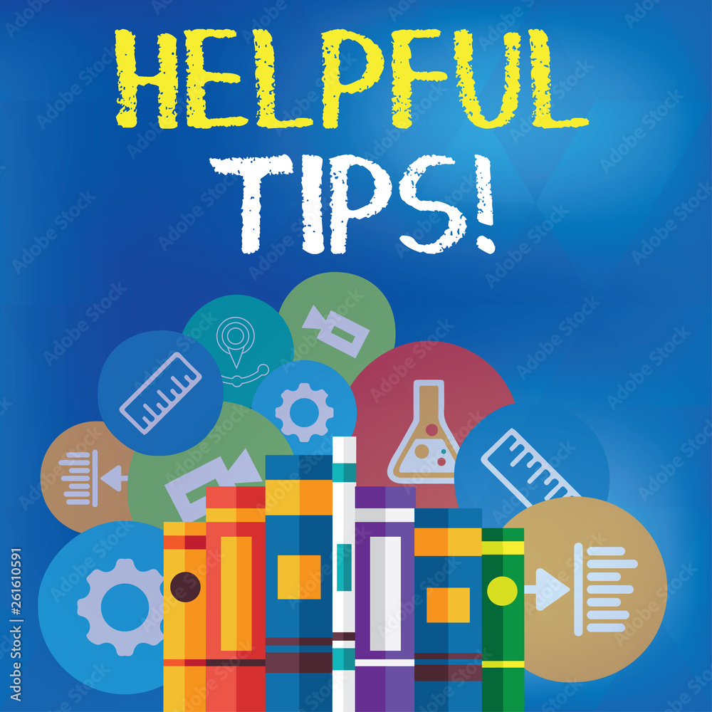 Text sign showing Helpful Tips. Business photo text advices given to be helpful knowledge in life Books Arranged Standing Up in Row with Assorted Educational Icons Behind Text sign showing Helpful Tips. Business photo text advices given to be helpful knowledge in life Books Arranged Standing Up in Row with Assorted Educational Icons Behind