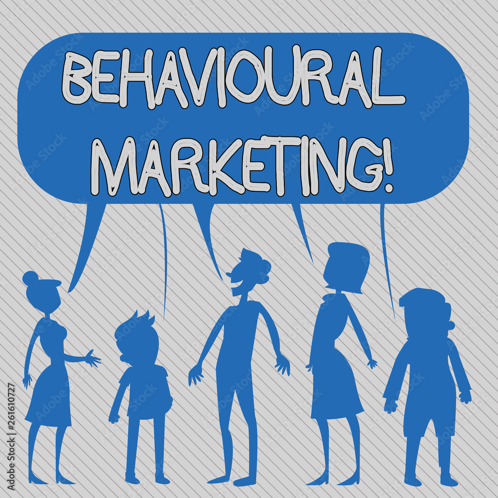 Text sign showing Behavioural Marketing. Business photo showcasing targets consumers based on their behavior on Web sites Silhouette Figure of People Talking and Sharing One Colorful Speech Bubble