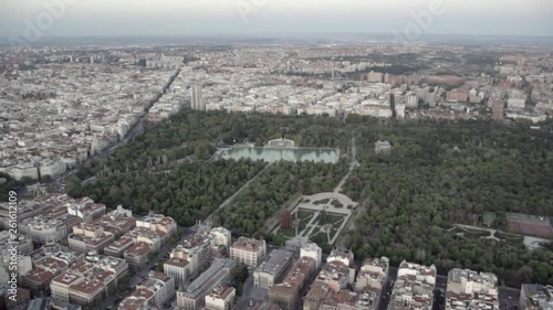 Cityscape skyline view of Madrid, Retiro Park.