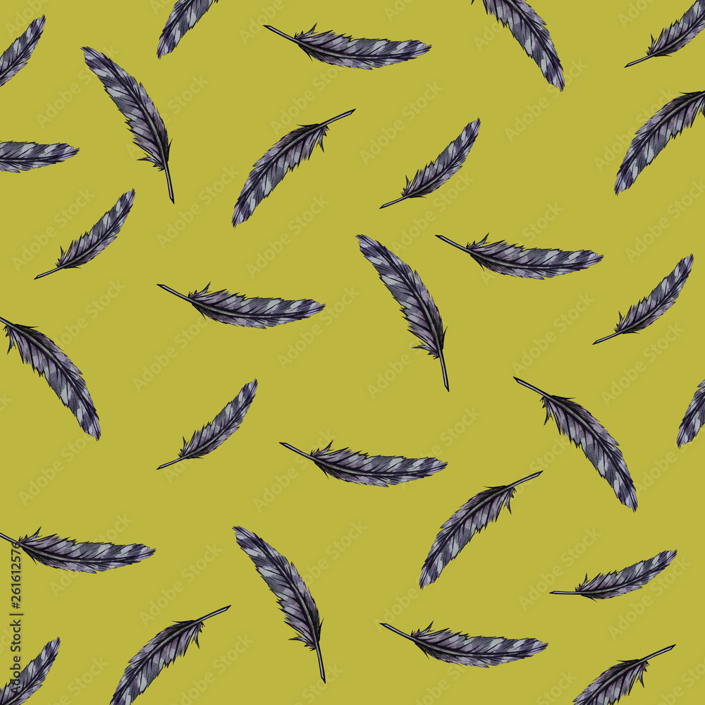 Owl feather pattern in gray tones on yellow background 