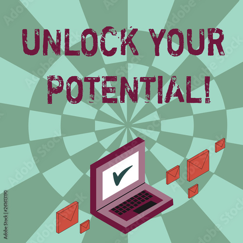 Writing note showing Unlock Your Potential. Business concept for release possibilities Education and good training is key Mail Envelopes around Laptop with Check Mark icon on Monitor