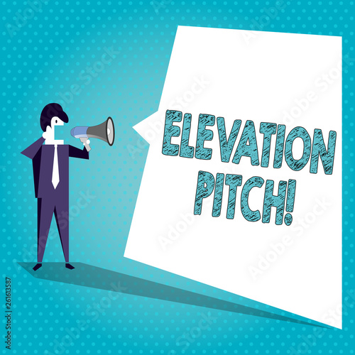 Text sign showing Elevator Pitch. Business photo text short description of product business idea given to investor Businessman Shouting on Megaphone and Blank White Uneven Shape Speech Bubble photo