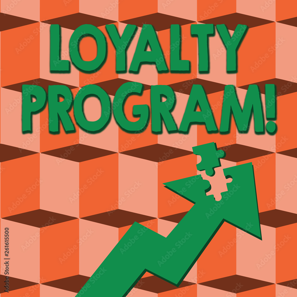 Word writing text Loyalty Program. Business photo showcasing structured marketing provides incentives repeat customers Colorful Arrow Pointing Upward with Detached Part Like Jigsaw Puzzle Piece
