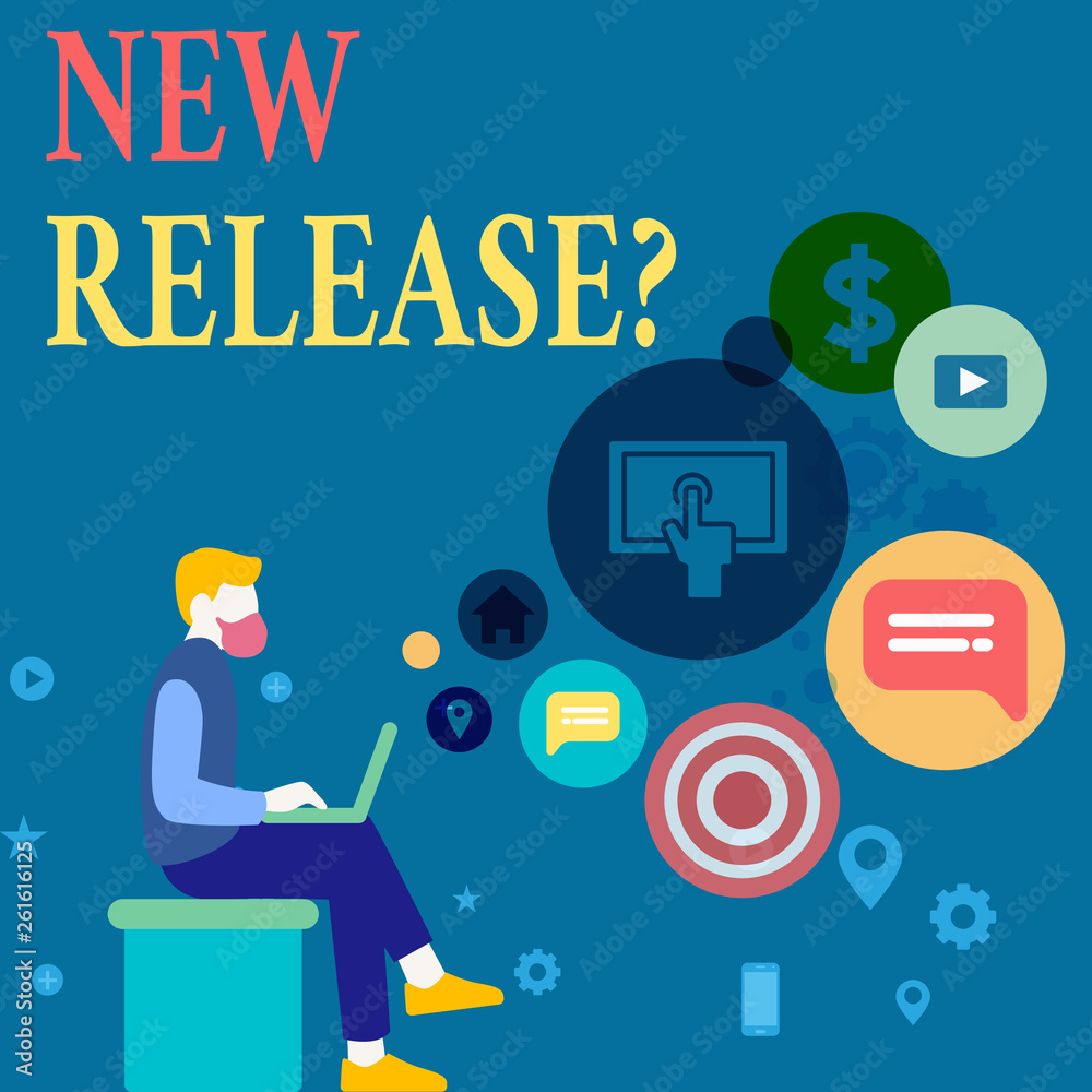 Writing note showing New Release Question. Business concept for asking about recent product or service newly unleashed Man Sitting with Laptop and SEO Driver Icons on Blank Space Writing note showing New Release Question. Business concept for asking about recent product or service newly unleashed Man Sitting with Laptop and SEO Driver Icons on Blank Space