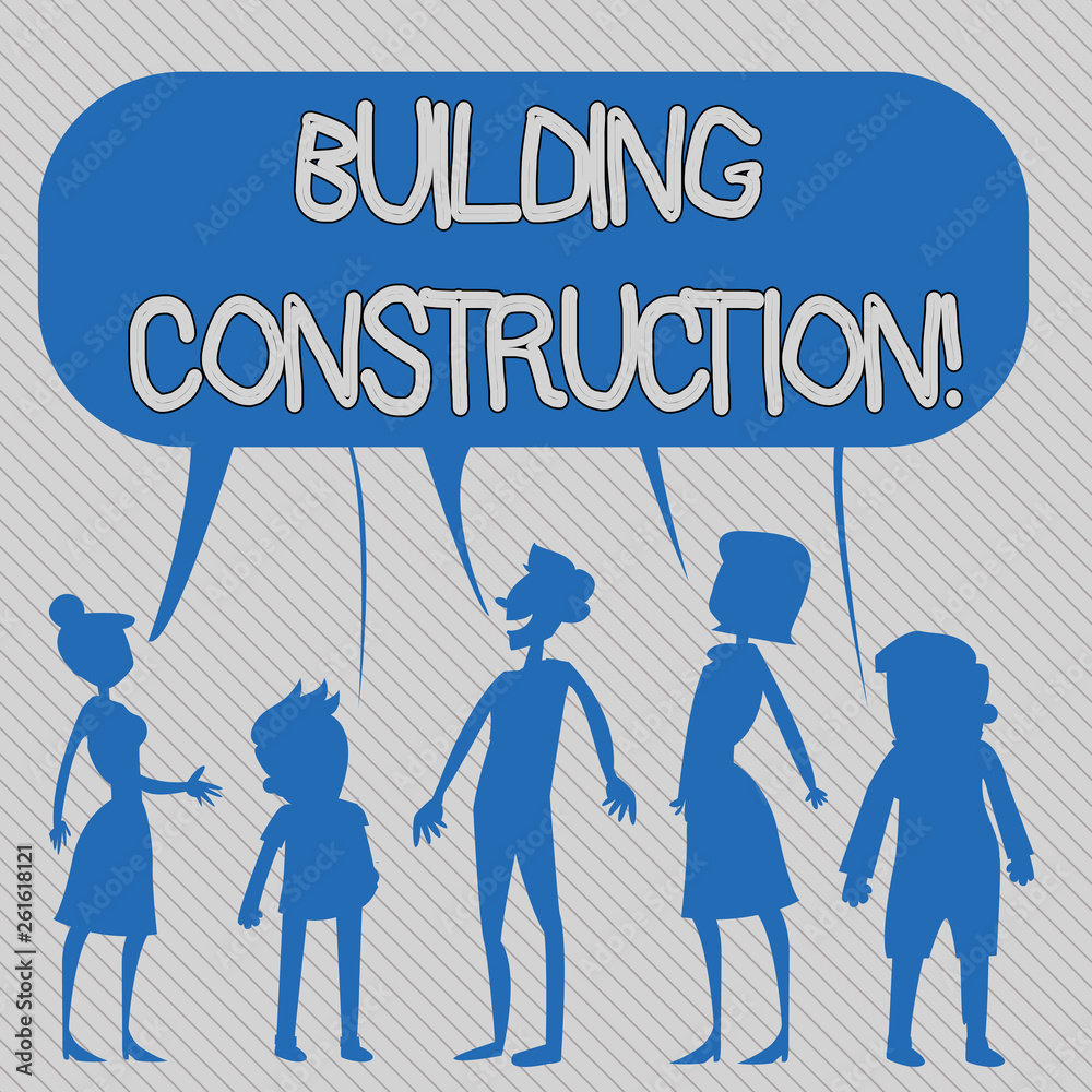 Text sign showing Building Construction. Business photo showcasing process of adding structure to real property Silhouette Figure of People Talking and Sharing One Colorful Speech Bubble Text sign showing Building Construction. Business photo showcasing process of adding structure to real property Silhouette Figure of People Talking and Sharing One Colorful Speech Bubble
