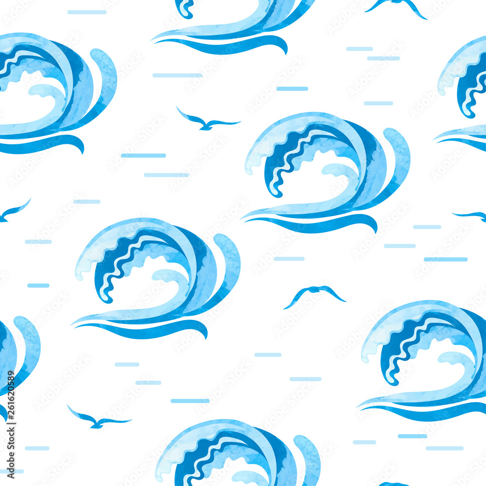 Naklejka premium Seamless sea pattern with watercolor waves and gulls.