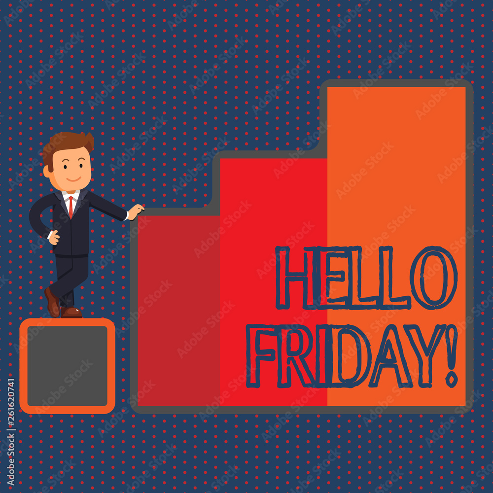 Conceptual hand writing showing Hello Friday. Concept meaning used to express happiness from beginning of fresh week Businessman Presenting Growth and Success in Graph Columns Conceptual hand writing showing Hello Friday. Concept meaning used to express happiness from beginning of fresh week Businessman Presenting Growth and Success in Graph Columns