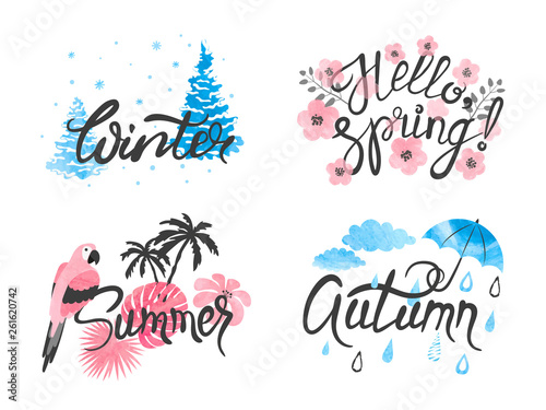 Four Seasons - winter, spring, summer, autumn. Vector watercolor illustration.