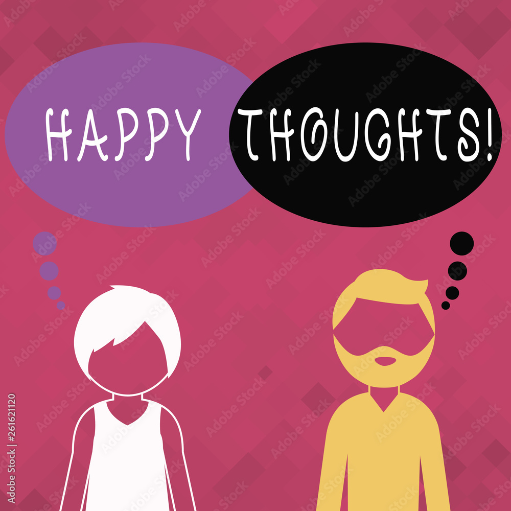 Word writing text Happy Thoughts. Business photo showcasing good idea opinion produced by thinking or occurring mind Bearded Man and Woman Faceless Profile with Blank Colorful Thought Bubble Word writing text Happy Thoughts. Business photo showcasing good idea opinion produced by thinking or occurring mind Bearded Man and Woman Faceless Profile with Blank Colorful Thought Bubble