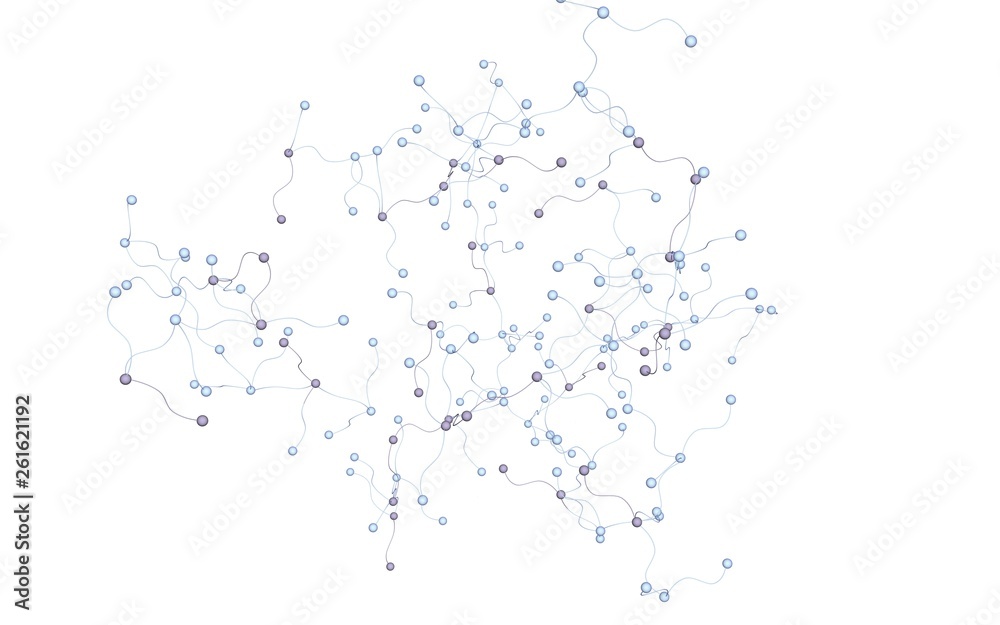 Neural network. Social network. Futuristic dna, deoxyribonucleic acid. Abstract molecule, cell illustration, mycelium. White background. 3D illustration