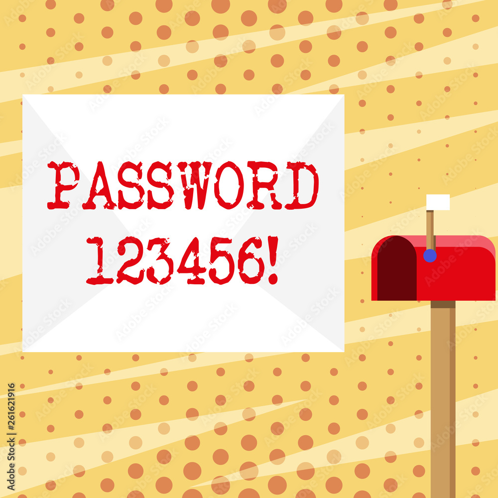 Conceptual hand writing showing Password 123456. Concept meaning secret word phrase must used gain admission to place White Envelope and Red Mailbox with Small Flag Up Signalling