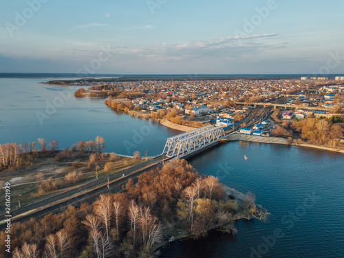 Fototapeta Naklejka Na Ścianę i Meble -  Aerial view of railway bridge over Voronezh river