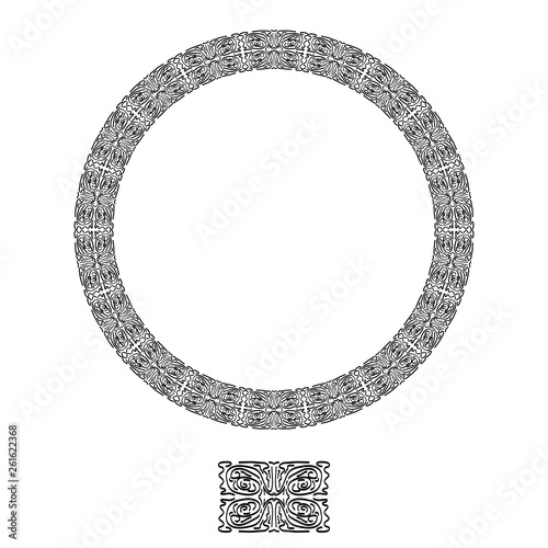 Round Wreath of abstract ornament. Seamless pattern Brush from hand-held black lines on a white background. For the design of fabrics, postcards, borders on business cards, invitations.