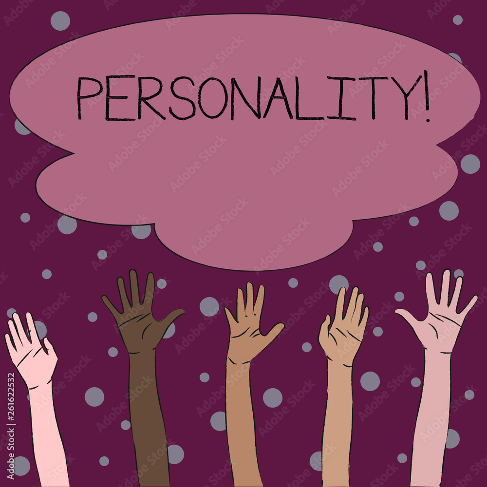 Word writing text Personality. Business photo showcasing combination characteristics that form individuals character Multiracial Diversity Hands Raising Upward Reaching for Colorful Big Cloud Word writing text Personality. Business photo showcasing combination characteristics that form individuals character Multiracial Diversity Hands Raising Upward Reaching for Colorful Big Cloud