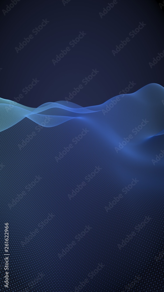 Abstract landscape on a blue background. Cyberspace grid. hi tech network. 3d technology illustration. Vertical image orientation. 3D illustration